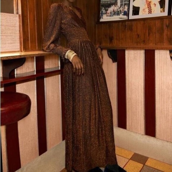 NWT Boden Metallic Brown Jersey Maxi Dress V-Neck Long Sleeve Size 6P Cinched - Picture 2 of 15
